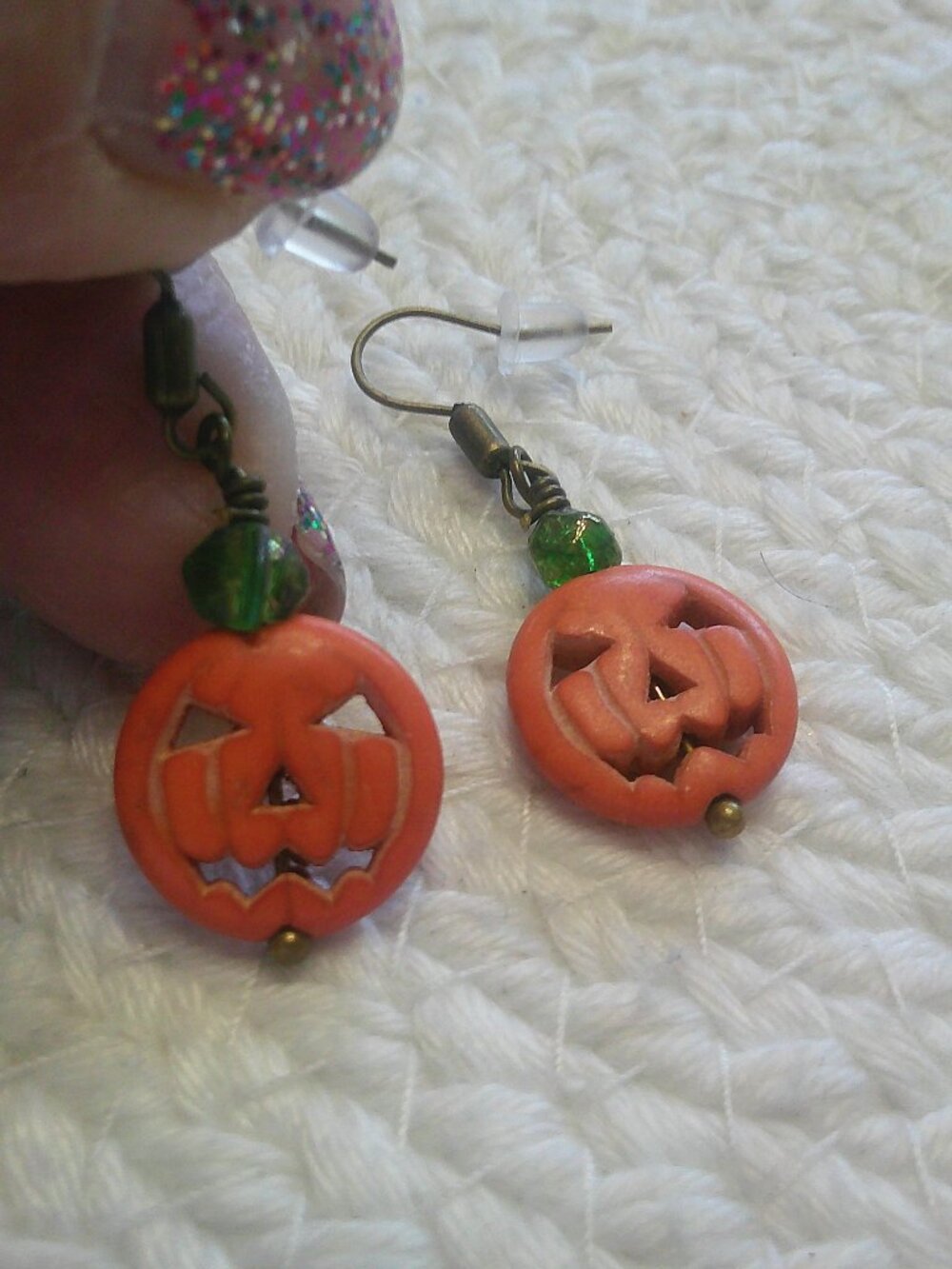 Festive JACK-O-LANTERN Bead Handmade Antique Bronze Earrings #339F